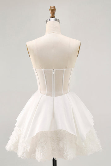 Satin Strapless Corset Rosette A Line White Homecoming Dress